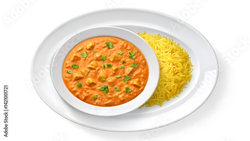 Indian Butter Chicken with Rice: A culinary masterpiece. showcasing a vibrant plate of creamy butter chicken alongside fluffy yellow rice, a visual delight.