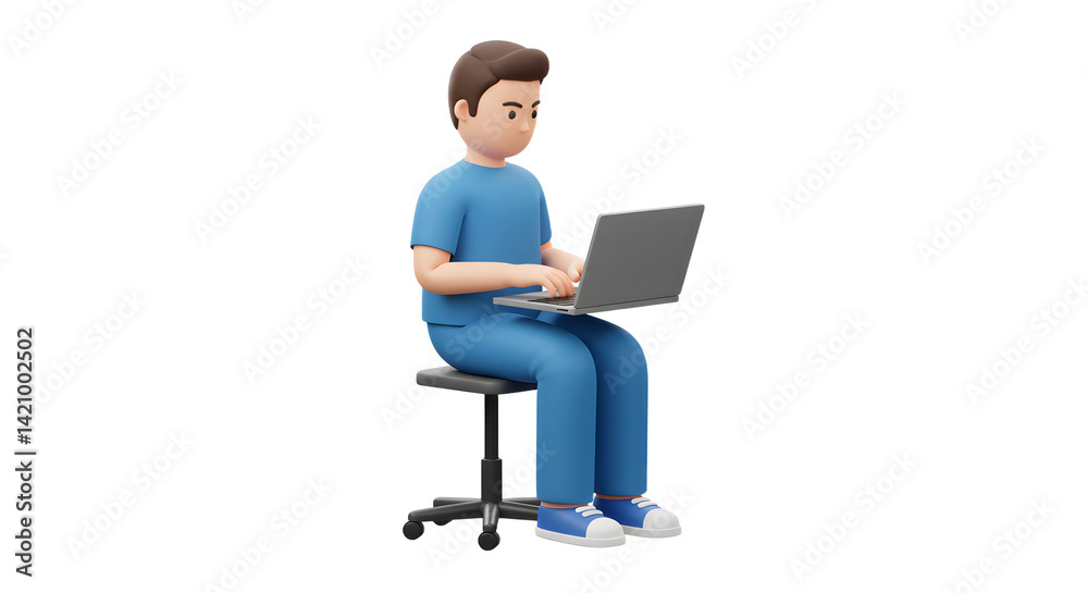 Person Working on Laptop Computer Sitting on Chair Against White Background Person Working on Laptop Computer Sitting on Chair Against White Background