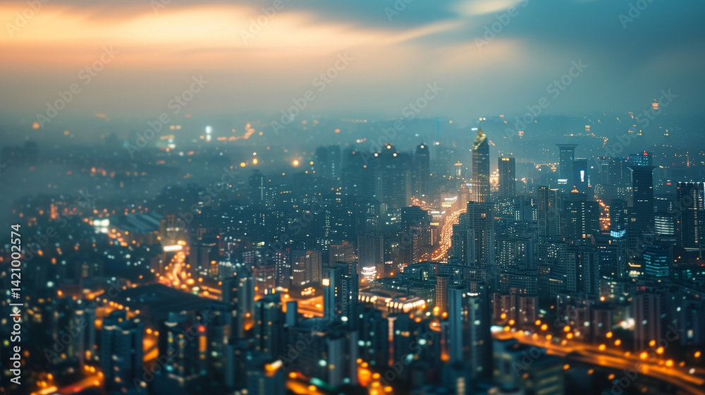 Fototapeta premium Dense city skyline under dramatic cloudy sky.