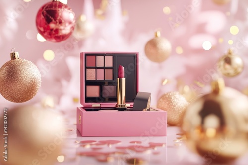 Festive makeup set in a pink box, with Christmas ornaments photo