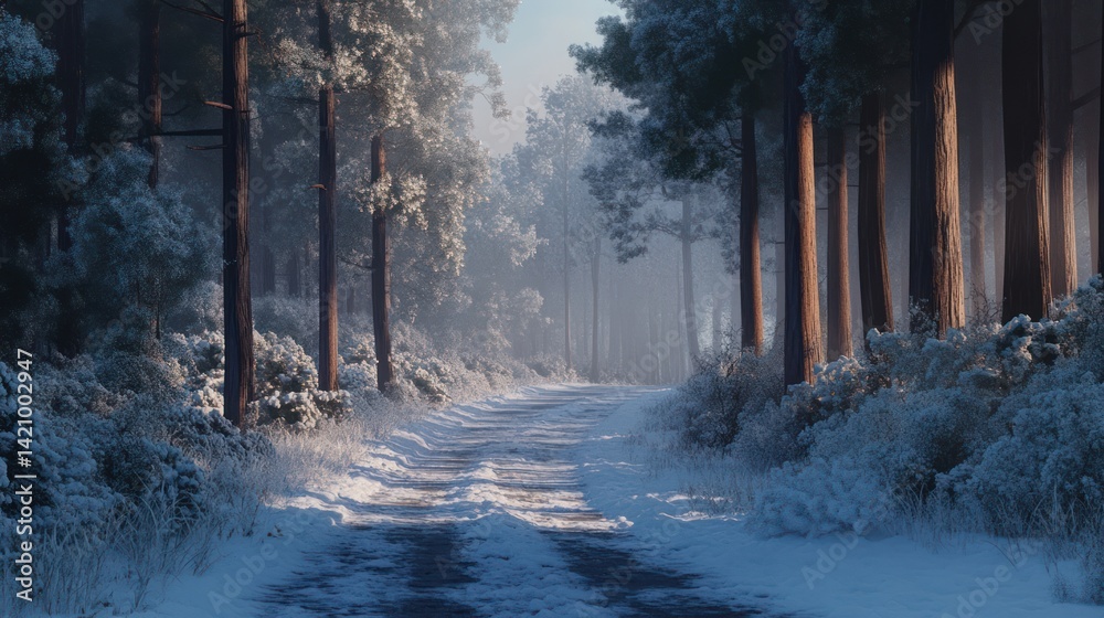 Naklejka premium Serene winter landscape with snow-covered trees and a path illuminated by soft light