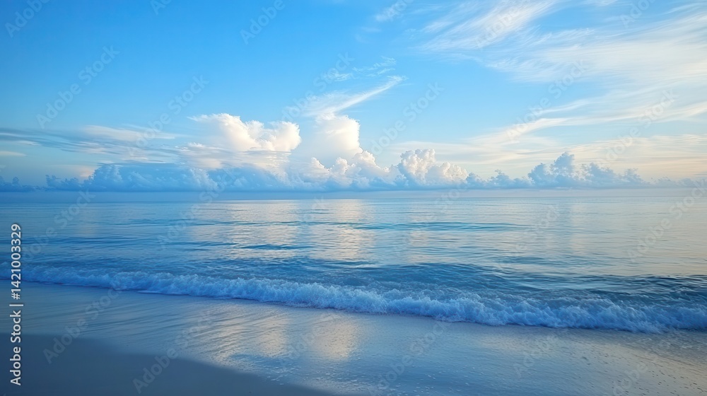 Serene beach sunrise, calm waves, clear sky Serene beach sunrise, calm waves, clear sky