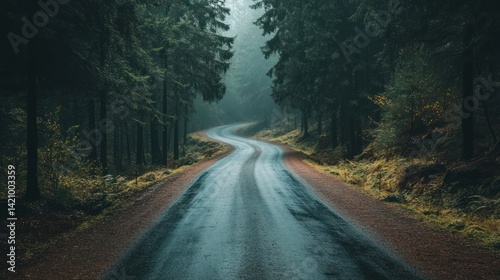 Winding asphalt road curves gently through a dense forest bathed in soft light