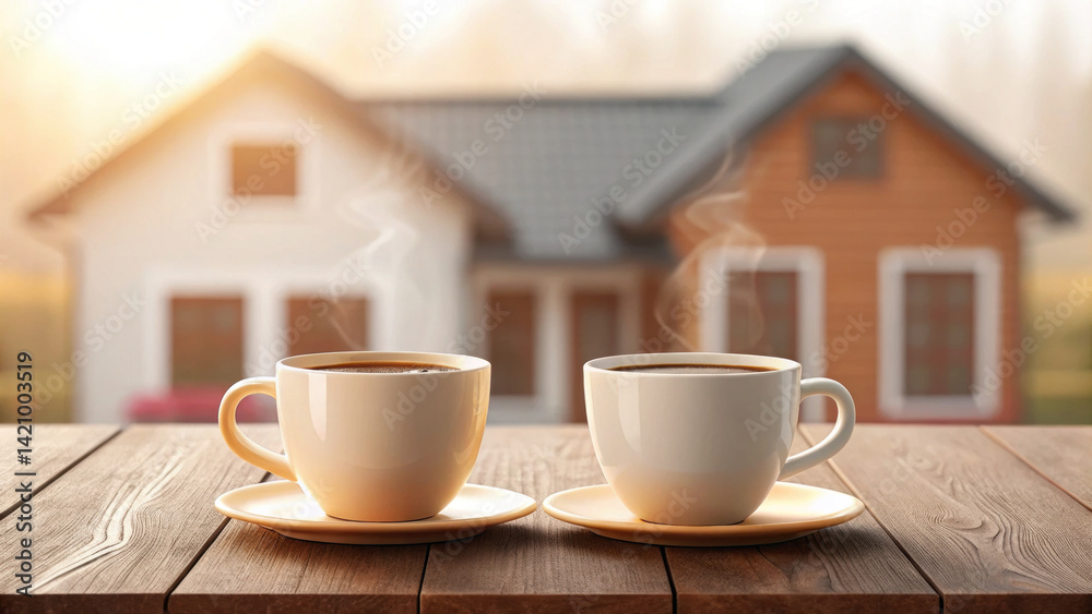 Fototapeta premium set of two coffee cups on wooden table, with steam rising, creates warm and inviting atmosphere. cozy home in background adds to serene morning vibe