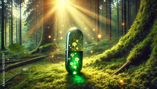 Glowing green capsule releasing bioluminescent life on forest floor