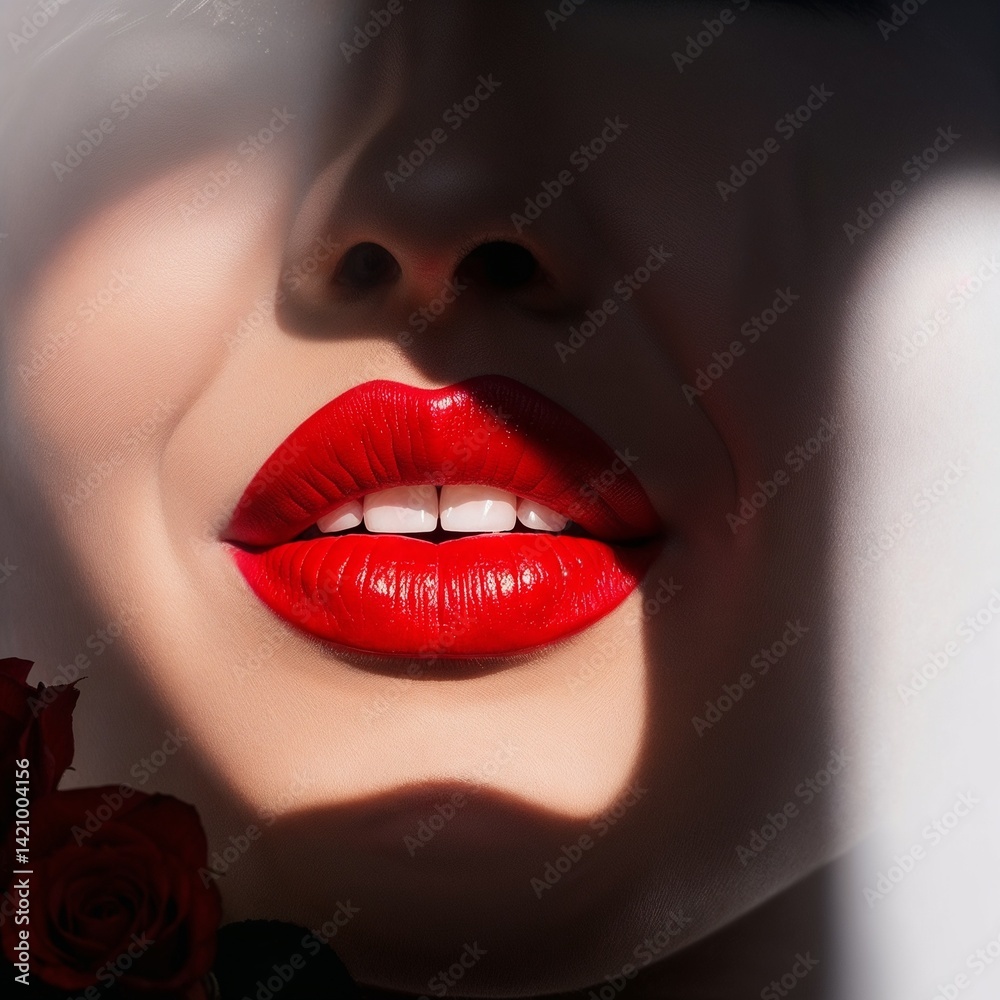 Obraz premium Glamorous close-up of red lips with a rose in soft shadow lighting