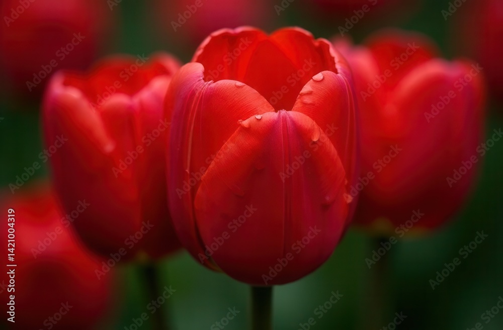 Fototapeta premium Vibrant red tulips with dewdrops in blooming garden
