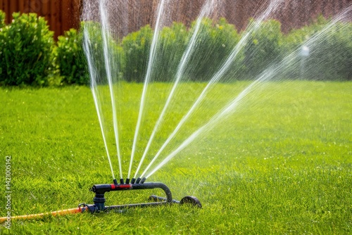 Garden sprinkler spraying water on a green lawn, with lush greenery in the background