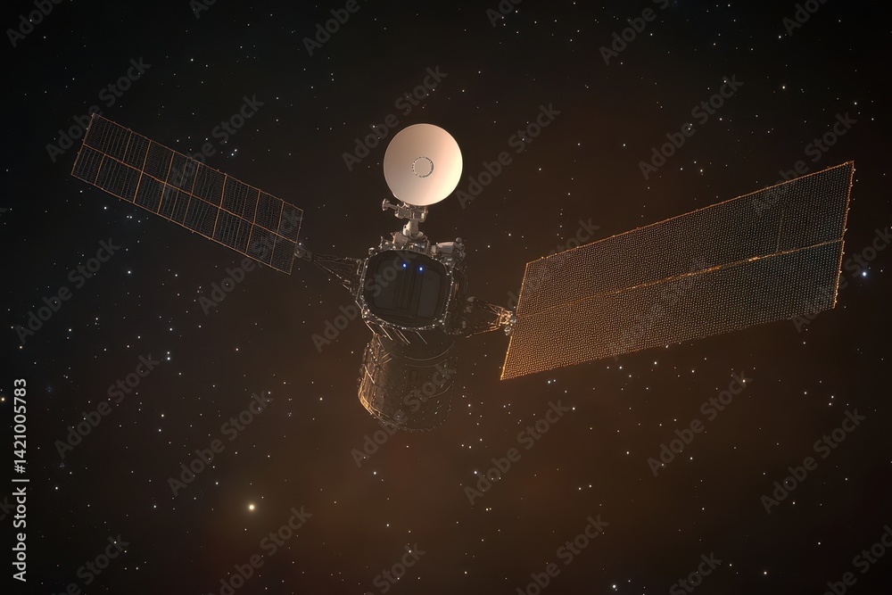 Spacecraft in orbit against a starry backdrop. Solar panels extend outward Spacecraft in orbit against a starry backdrop. Solar panels extend outward