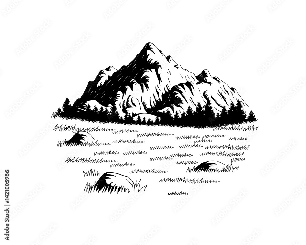 Naklejka premium Mountain landscape vector in black color isolated on white. Grassy meadow with mountains.
