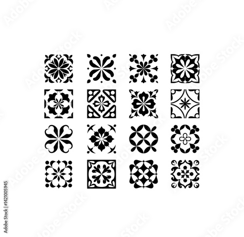 Set of seamless tile designs vector icons in black color on white bacground.