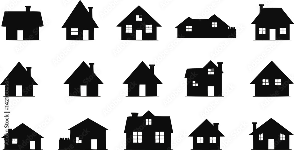 Fototapeta premium A set of black line editable icons representing different house types and related structures