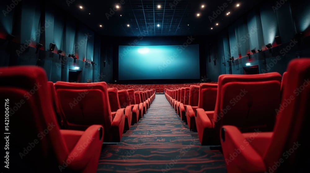 People in the cinema auditorium with Cinema blank wide screen and red chairs in the cinema hall,People silhouettes watching movie performance,empty white screen,space for text,copy space. People in the cinema auditorium with Cinema blank wide screen and red chairs in the cinema hall,People silhouettes watching movie performance,empty white screen,space for text,copy space.