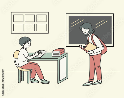 The teacher is sitting on the table, giving advice to the student. The student is sitting on a chair on one side