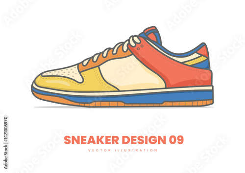 Fashion Sneaker Vector Illustration. Modern flat design sneaker featuring clean outlines, vibrant color panels, and subtle shading, isolated on a white background.