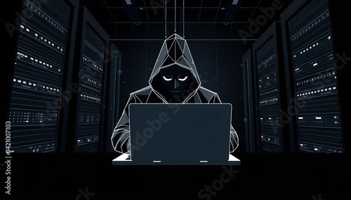 Cybersecurity Hacker Digital Art Dark Hooded Figure Laptop Servers web data risk crime virus fraud  