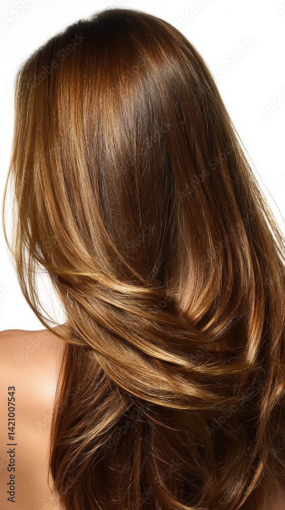 Naklejka premium Beautiful model girl with Brown hair strand,silky healthy chestnut wavy hair strand,hair wavy ribbon, with smooth,Keratin straightening,Treatment,straight long hair,procedures,Smooth hairstyle.