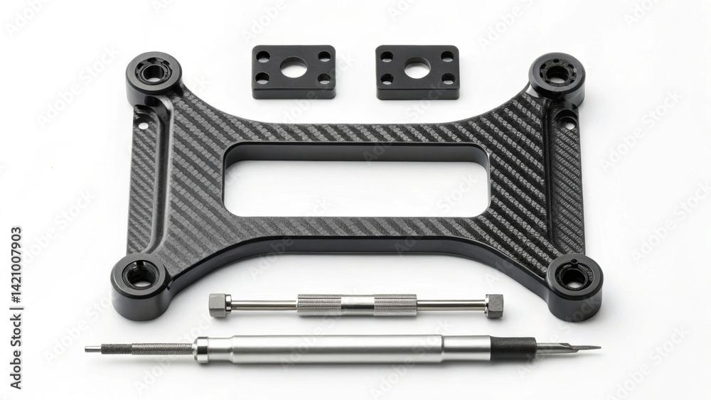 High quality carbon fiber bracket with precision components, including mounting plates and tools, showcasing sleek design ideal for technical applications High quality carbon fiber bracket with precision components, including mounting plates and tools, showcasing sleek design ideal for technical applications