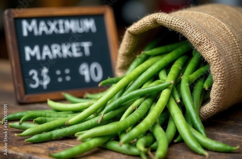 Fresh green beans on rustic table at maximum market display