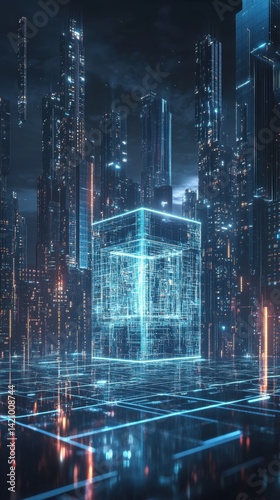 Wallpaper Mural Futuristic Cityscape with Glowing Cube Structure Torontodigital.ca