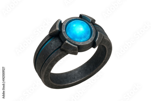 A stunning black ring featuring a luminous blue gemstone, perfect for adding a touch of elegance to any outfit.