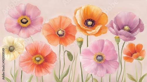 Vibrant poppy garden a colorful floral array against a delicate pink background