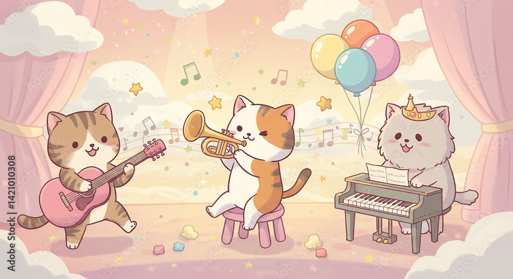 Naklejka premium Cats Playing Musical Instruments on Stage Cartoon Illustration