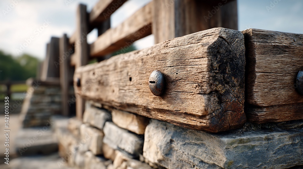 Rustic wooden beam on stone wall Rustic wooden beam on stone wall