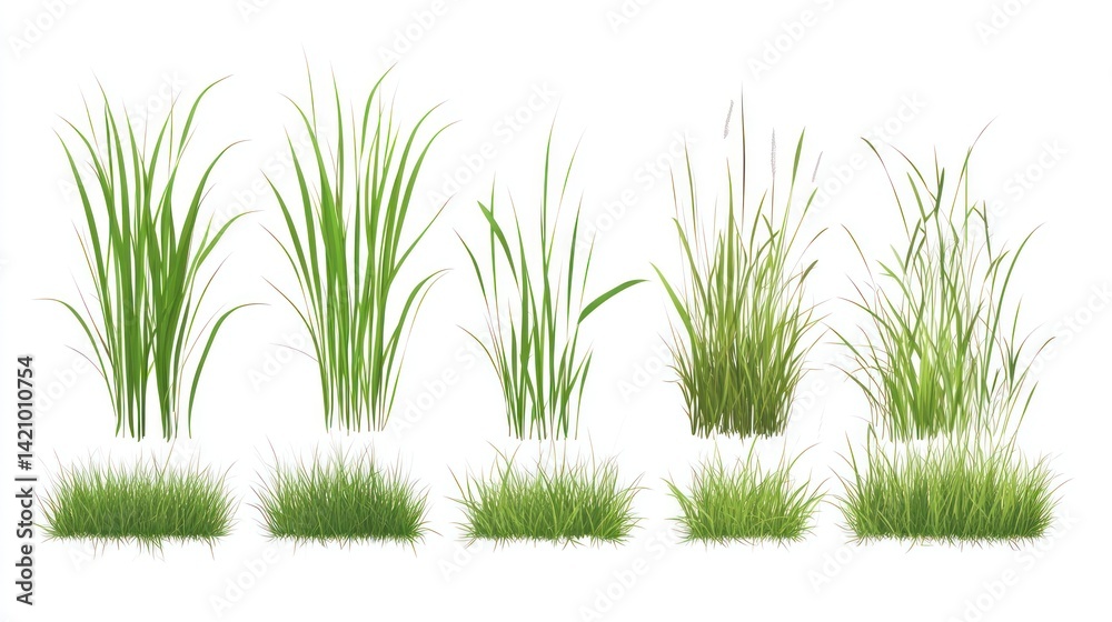 Obraz premium Collection of Diverse Grass Tufts and Blades: Realistic Green Foliage Isolated on White Background, Ideal for 3D Modeling and Digital Design Projects