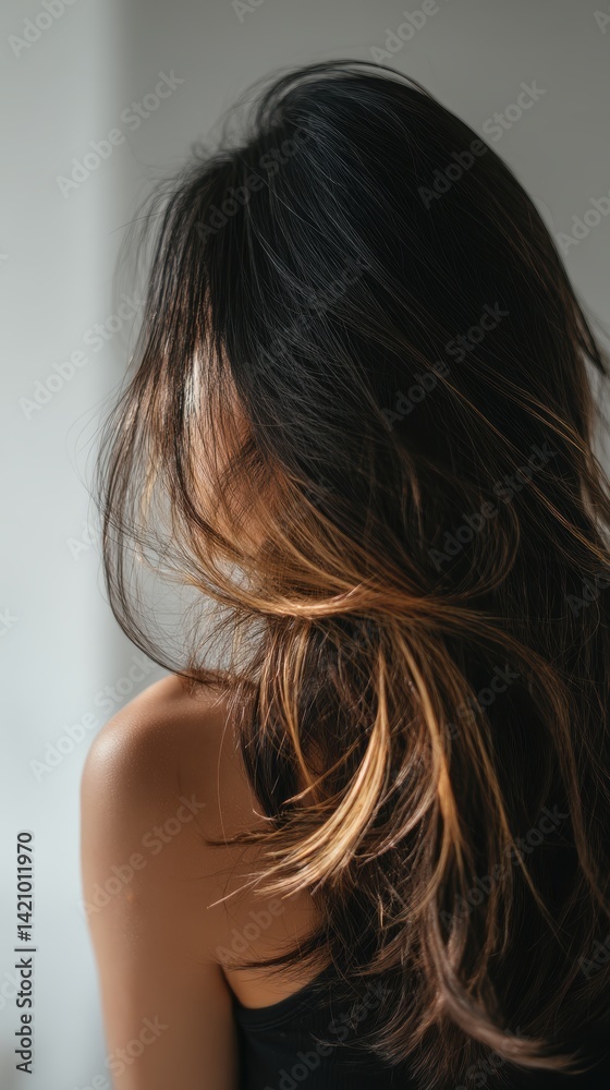 Naklejka premium Beautiful model girl with Brown hair strand,silky healthy chestnut wavy hair strand,hair wavy ribbon, with smooth,Keratin straightening,Treatment,straight long hair,procedures,Smooth hairstyle.