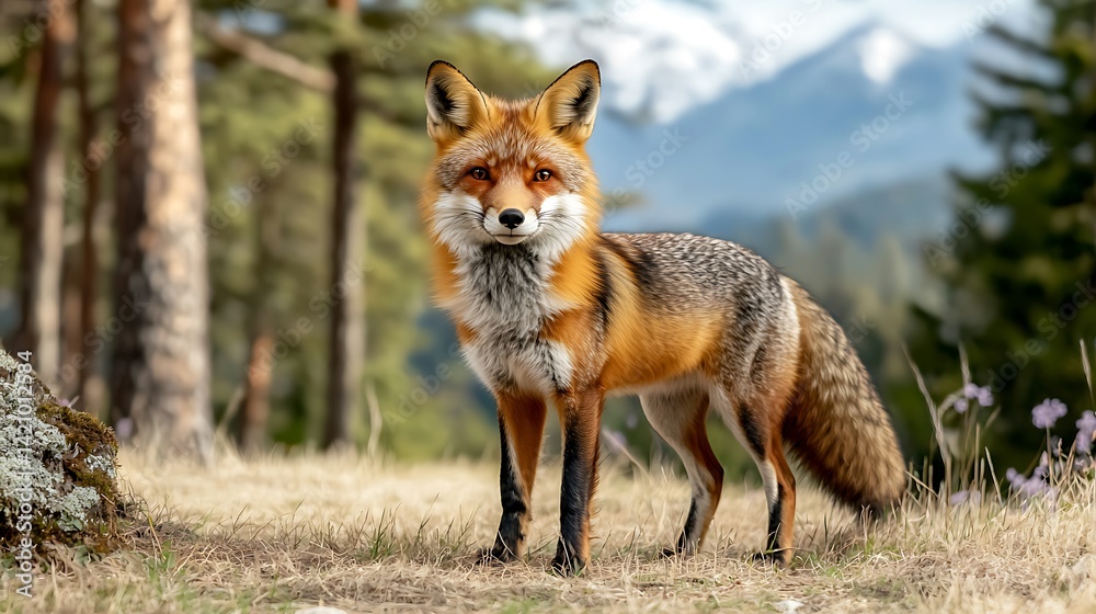Fototapeta premium A red fox standing proudly in a forest, with snow-capped mountains in the background, bathed in soft light