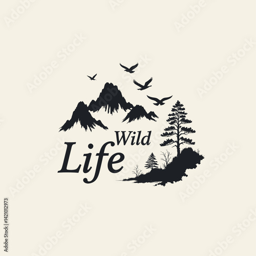 Wild Life: Ink Landscape with Birds and Mountains