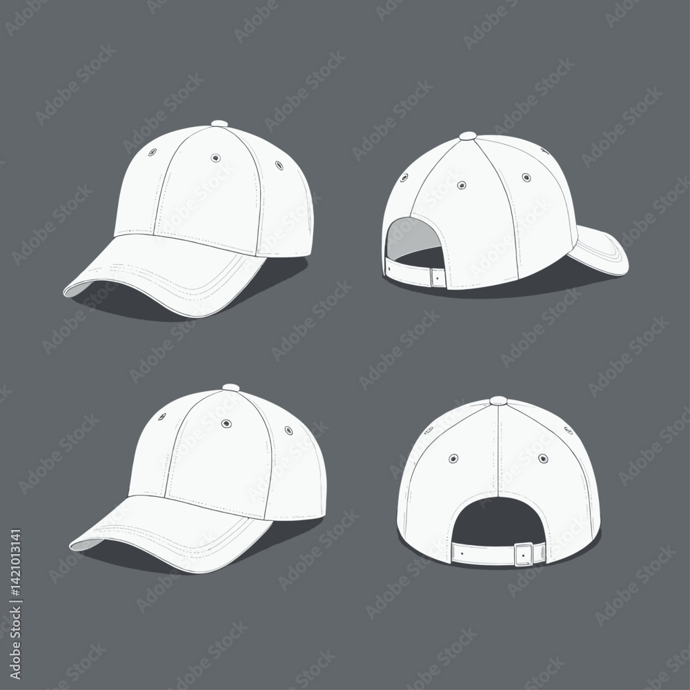 White Baseball Cap Four Views on Gray Background