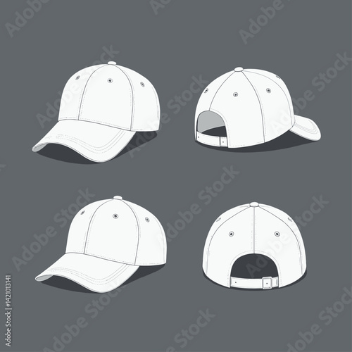 Obraz na płótnie White Baseball Cap Four Views on Gray Background w salonie