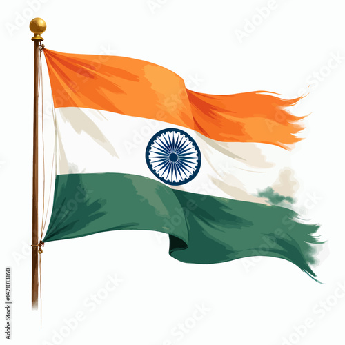 Waving Indian flag on pole, tattered edges