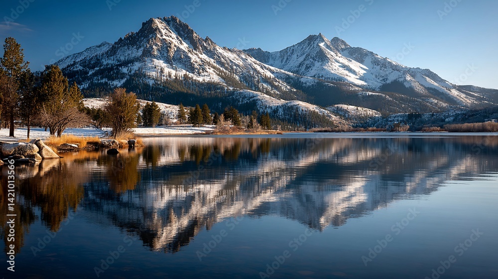 Naklejka premium Snowy peaks reflect on a serene lake, capturing a breathtaking vista on a clear day