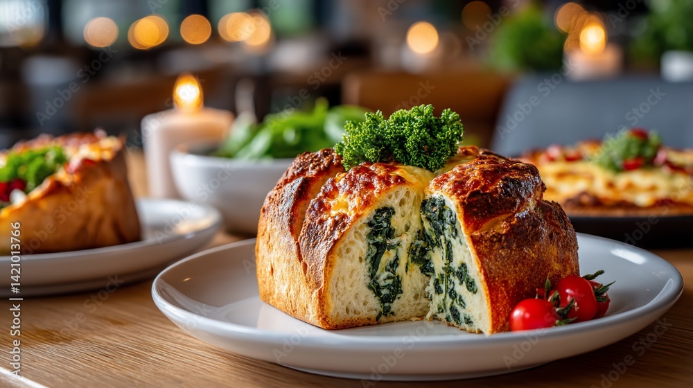 Spinach and cheese baked in a bread bowl, a cozy dining table with candle light Spinach and cheese baked in a bread bowl, a cozy dining table with candle light