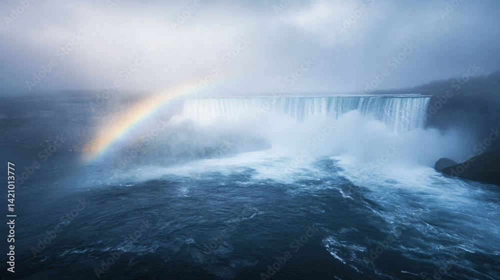 Stunning view of Niagara Falls with powerful streams of water creating thick fog and iridescent rainbow Stunning view of Niagara Falls with powerful streams of water creating thick fog and iridescent rainbow