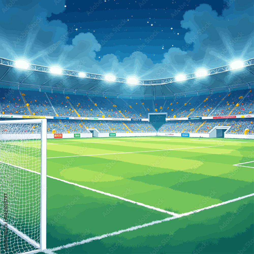 Vibrant soccer stadium under a starry night sky