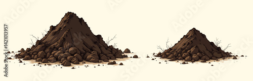Two Brown Dirt Piles with Rocks and Bare Twigs
