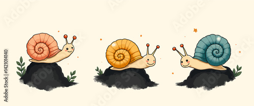 Three Cute Snails with Colorful Shells on Rocks