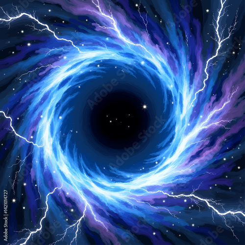 Swirling blue cosmic vortex with lightning strikes