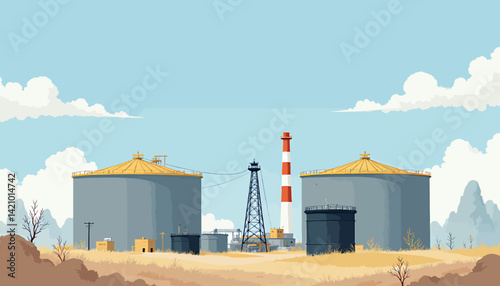 Stylized Oil Refinery with Storage Tanks and Blue Sky