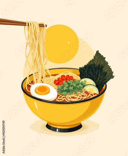 Stylized Ramen Bowl with Chopsticks and Toppings