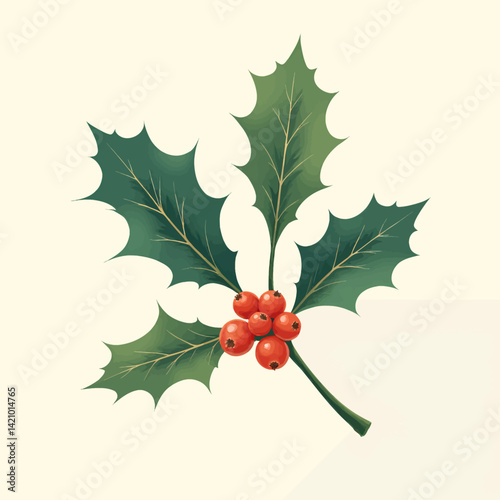 Stylized Holly Leaves and Berries on Cream Background