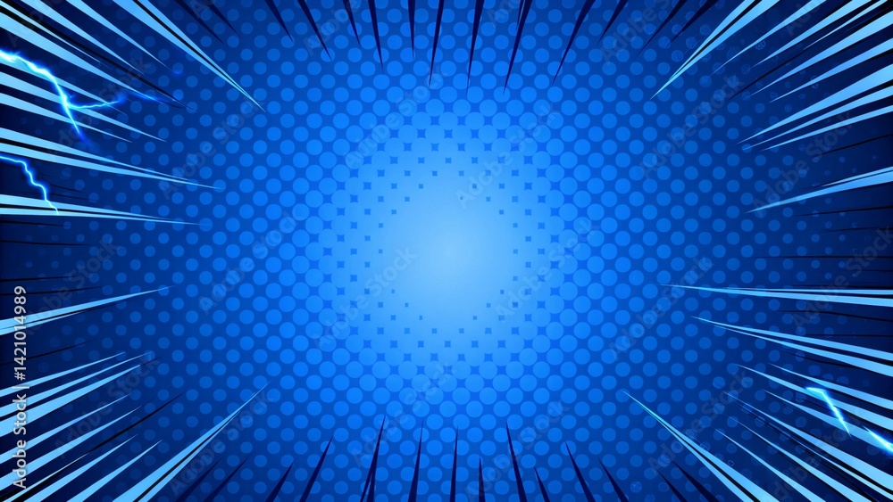 Fototapeta premium Comic Blue Background With lightning Power Fx Illustration of a powerful comics like page layout background with rays and halftone dots focus on center, superhero theme dynamic energy scene