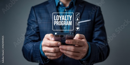 Businessman using a mobile phone to access a loyalty program.