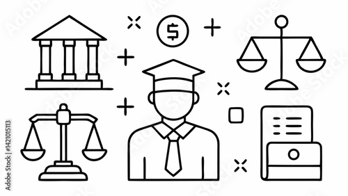 Court Icons Set Representing Legal System and Judiciary Elements