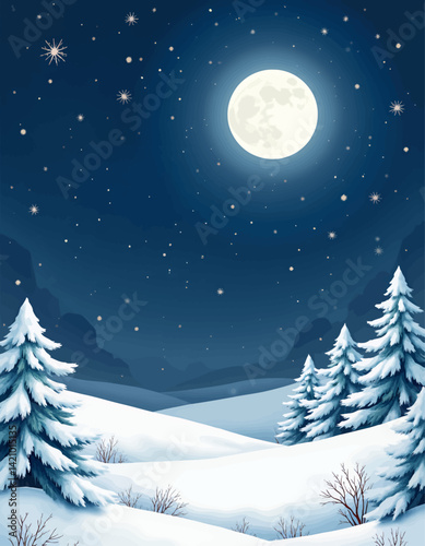 Snowy winter landscape with pine trees and full moon