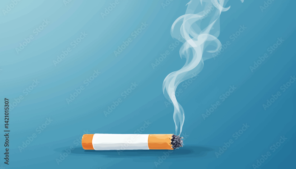 Smoldering cigarette with smoke on blue background